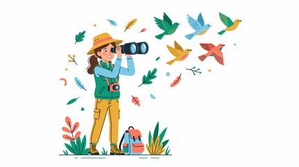 Fototapeta premium An illustration of a person birdwatching in nature, observing a colorful flock of birds flying upwards with binoculars.