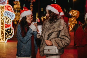 Fototapeta premium Two girls wearing Santa hats smile and hold hot drinks while chatting at a holiday market. The friends enjoy festive lights and decorations during a nighttime Christmas outing.