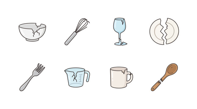 Set of kitchen utensils and broken tableware icons in a flat vector style.