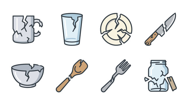 Set of flat icons representing broken kitchenware and damaged household utensils.