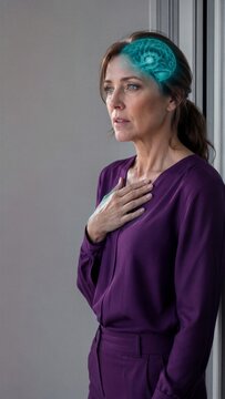 Woman experiencing reflection or deep thought with holographic brain visualization above head. Mental health, cognitive process, and psychology concept. Emotional state and internal awareness.