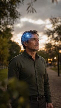 Man with glowing brain hologram in outdoor setting. Concept of intelligence, innovation, mental health and cognitive development. Thinking process and future technology visualization.