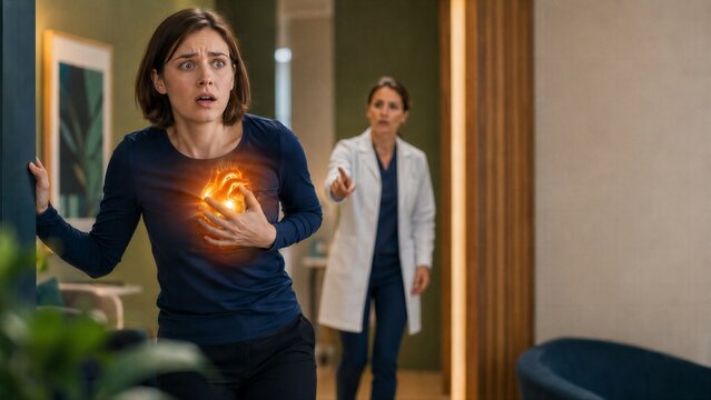 Young woman suffering from heart attack with glowing heart symbol and doctor pointing at her. Medical emergency concept in hospital. Urgent cardiology care and clinical health crisis.