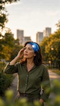 Woman thinking in park with holographic brain projection. Cognitive process and mental insight concept. Neural network and artificial intelligence visualization for neuroscience research.