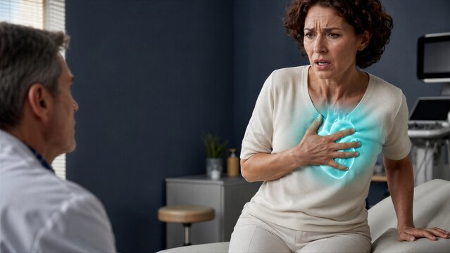 Woman patient with chest pain consulting doctor. Augmented reality visualization of glowing heart during medical examination. Healthcare technology for cardiology diagnosis and treatment.