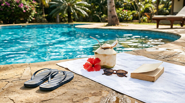 Relaxing poolside setup with a coconut drink, sunglasses, open book, and flip-flops on a white towel