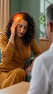 Woman suffering from severe migraine headache during consultation with doctor. Patient describing pain to physician in clinic. neurological health issue, stress and chronic pain concept.