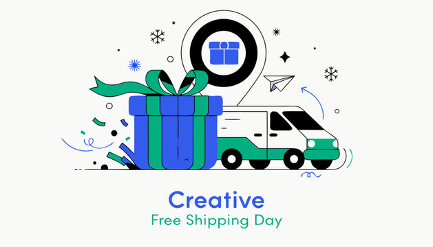Creative Free Shipping Day vector illustration, delivery van with gift box and location pin, e-commerce logistics and holiday shipping concept