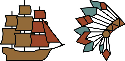 Columbus Day vector illustration with wooden sailing ship and Native American headdress © Ahmed