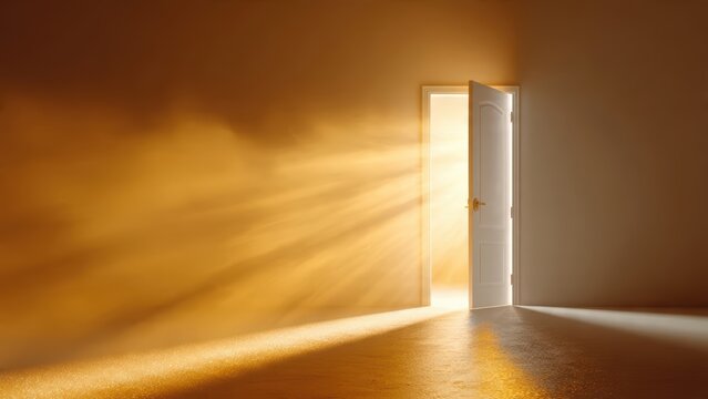 Golden light streaming through an open door illuminating a dimly lit room