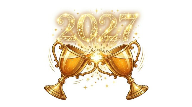 Celebratory toast with sparkling 2027 banners and golden trophies