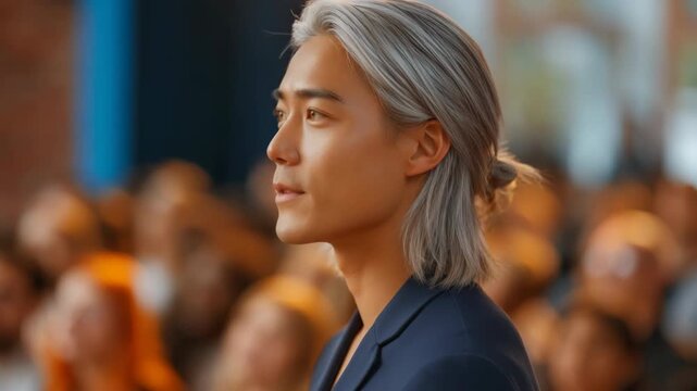 Young man gazing thoughtfully while standing in crowd