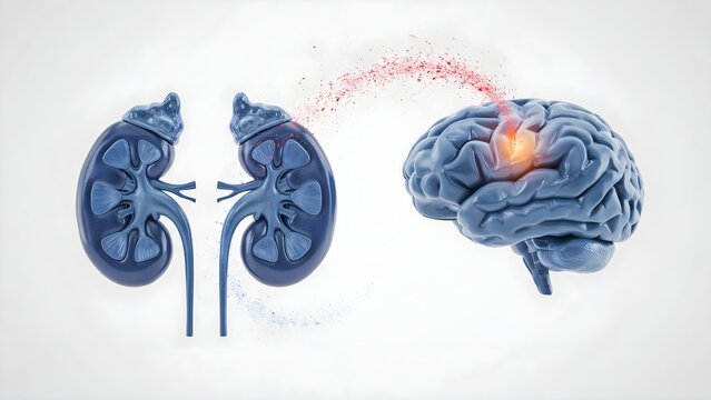 3d illustration of the connection between the kidneys and the brain, representing the kidneybrain axis and the impact of kidney health on neurological function