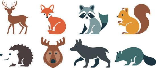 Obraz premium Woodland Animals Vector Set with Deer Fox Raccoon Squirrel Hedgehog Moose Wolf Beaver