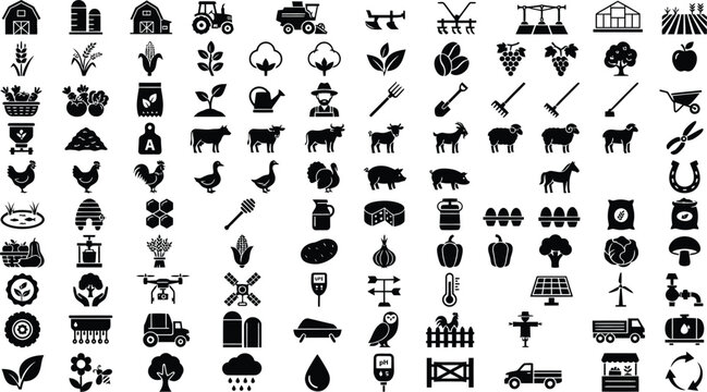 Set of agriculture farm equipment crops and animal black silhouette icons