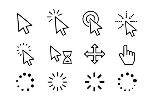 Mouse cursor and loading indicator line icon set