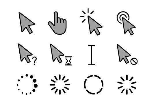 Set of computer cursor and loading icons in simple vector style