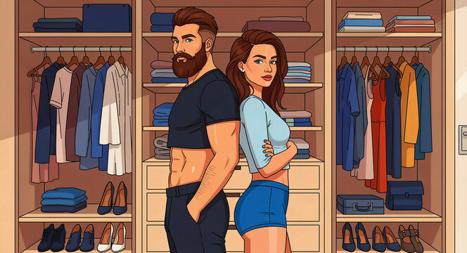 Man and woman standing back-to-back in a stylish walk-in closet. Modern couple posing in front of organized wardrobe with clothes and shoes. Fashion lifestyle illustration for apparel marketing.