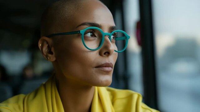 Bald woman wearing teal glasses looking thoughtful near bus window