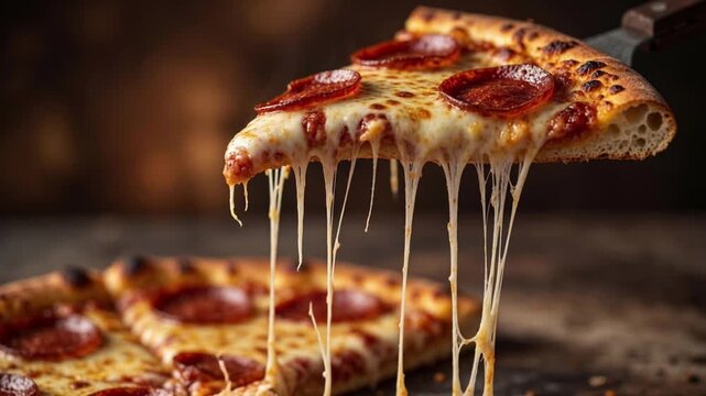 Pepperoni pizza slice with melting cheese. Hot cheesy food being lifted from a pizza pie.