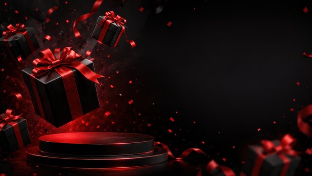 Black gift boxes with red ribbons float above a dark platform, surrounded by confetti and ribbons against a black background.