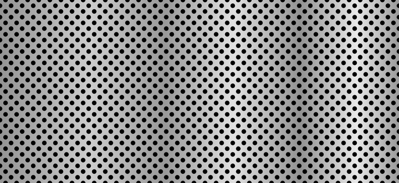 Silver metal perforated seamless pattern. Chrome steel grill surface with circular dots.