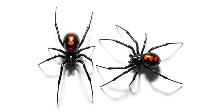 Two Glossy Black Widow Spiders on White Background Macro
