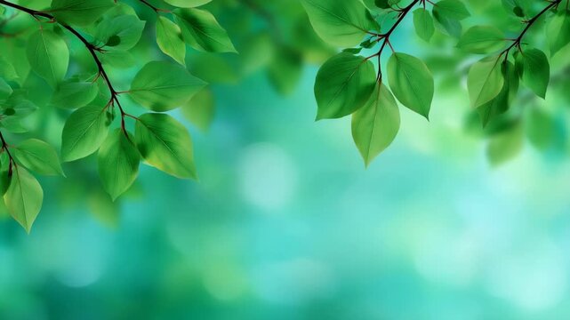 Overhead leafy branches framing soft turquoise bokeh background
