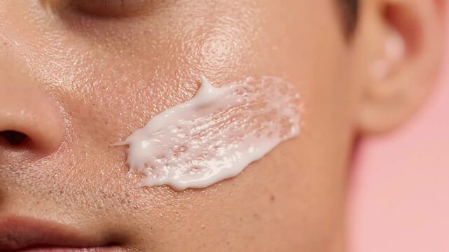 A male face receives gentle skin care application as a soothing facial cream provides deep hydration for the healthy skin routine in a professional beauty treatment video.