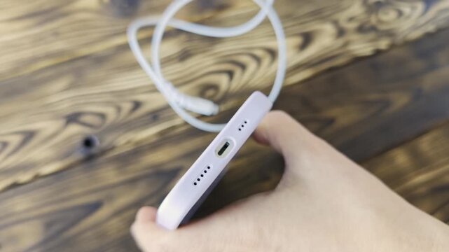 Holding a phone while connecting a charging cable in different frames