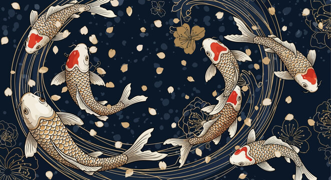 Traditional Japanese style illustration of koi fish swimming in a circular pond with cherry blossom petals.