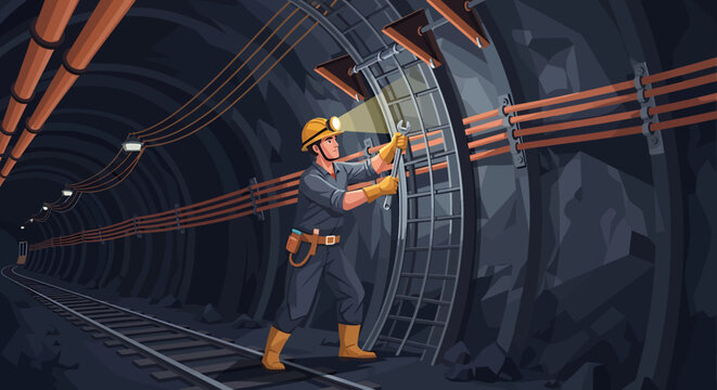 Underground miner working on tunnel support structure in dark mine shaft illustration.