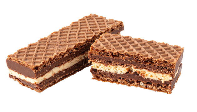 Chocolate wafer bar cut into two uneven pieces with creamy chocolate filling, isolated on transparent background
