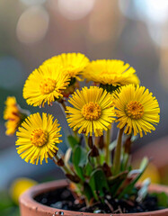 Fototapeta premium Tussilago farfara flowers blooming in small pot, bright yellow spring blossoms with delicate petals, botany and nature concept. Close-up.