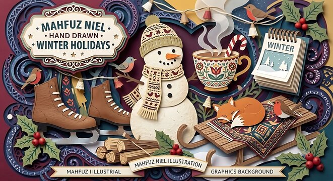 Festive winter holiday papercraft composition featuring whimsical seasonal elements and decorative ornate floral swirl