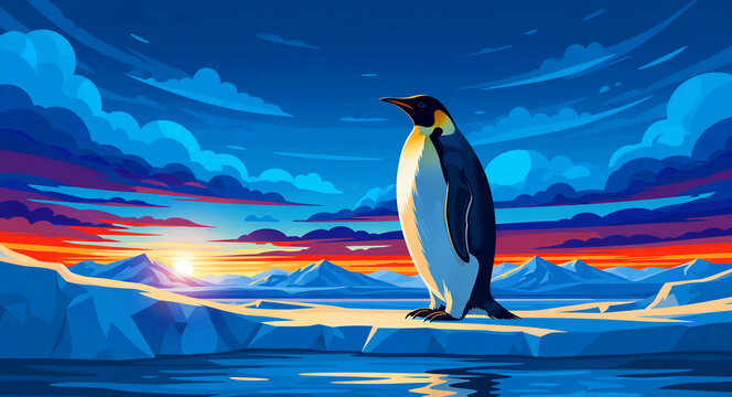 Emperor penguin standing on an ice floe during a vibrant Antarctic sunset. Stylized illustration features bold colors and a serene mountain backdrop. Environmental awareness theme for marketing.