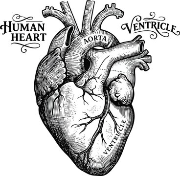 human heart engraving with intricate hand-drawn anatomy