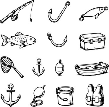 Vintage Fishing Icons Set Vector Illustration Hand Drawn Sketch Doodle Collection of Tools Equipment Symbols Silhouettes Retro Design Elements for Business Pattern and Cartoon Art
