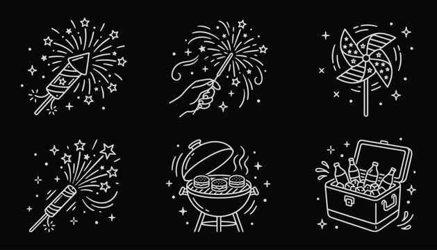 Patriotic summer party icons featuring fireworks grill and cooler for holiday event celebration