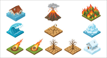 Isometric illustrations of natural disasters including houses volcanoes wildfires and floods on a white background catastrophe climate change © Ramkrisna