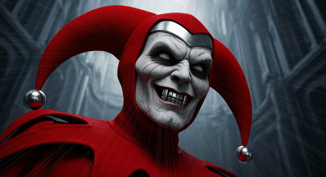Sinister jester with terrifying grin in red cap. Menacing clown features metallic teeth and pale skin. Horror fantasy concept for Halloween and villainous characters.
