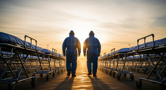 Healthcare workers in blue hazmat suits walk between medical gurneys at sunset. Professionals in PPE navigate an emergency staging area. Pandemic response concept for health campaigns.