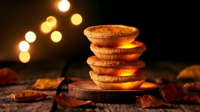 Warm autumn still life captures freshly baked pumpkin pies on a rustic wooden table