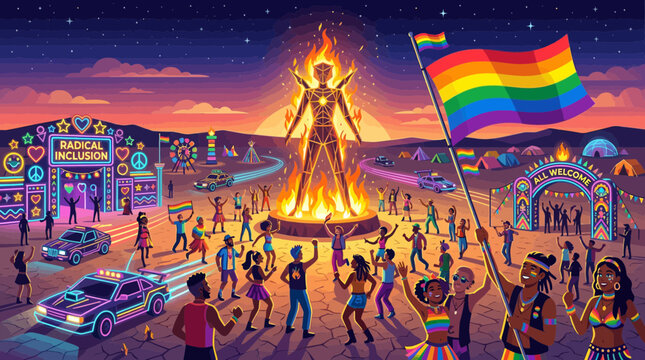 Rainbow Pride Festival Celebration Burning Man Art Installation Desert Night
