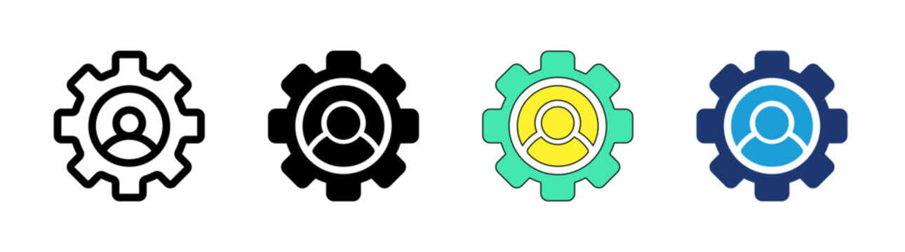 User settings and profile management gear icon set isolated on white background.