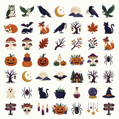 Fototapeta premium Halloween, Mystical Halloween vector icon set, spooky autumn forest elements with pumpkins and owls, 49 flat occult illustrations for seasonal design isolated on White Background