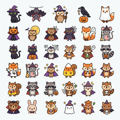 Obraz premium Halloween, Kawaii Halloween animals vector set, cute spooky forest creatures in costumes, 36 cartoon autumn characters for stickers and invitations isolated on White Background
