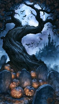 Eerie Halloween nightscape a gnarled oak watches over gothic village tombstones bats swirl