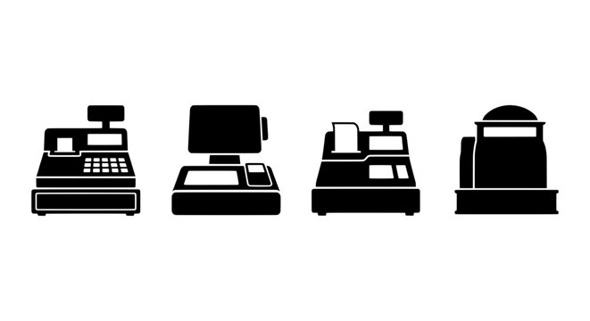 Vintage Cash Register Icons, Retro Point of Sale Machines, Classic Retail Equipment Set