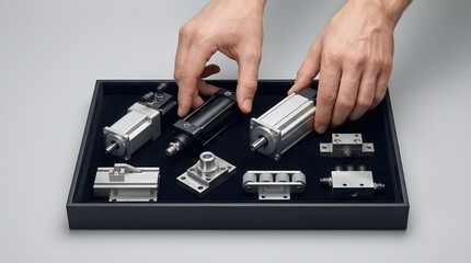 Fototapeta premium Hands selecting precision industrial pneumatic components from a display tray.